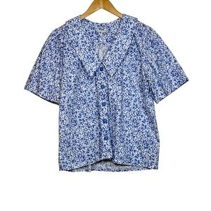 Handmade OOAK Ditsy Floral Wide Collar Button Down Top Size L Sustainable Costal